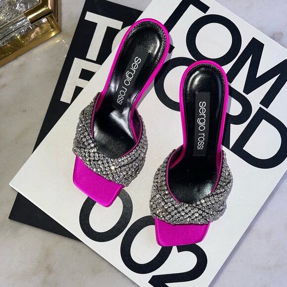 Sergio Rossi 95mm Tyra Embellished Satin Mules in Fuchsia - Picture 7 of 10